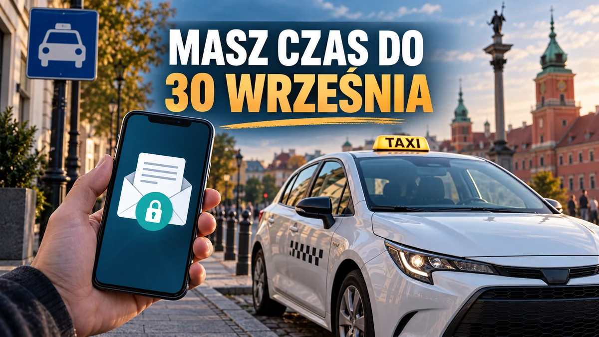 Ilustracja smartfona z kopertą urzędowej korespondencji obok samochodu taxi.