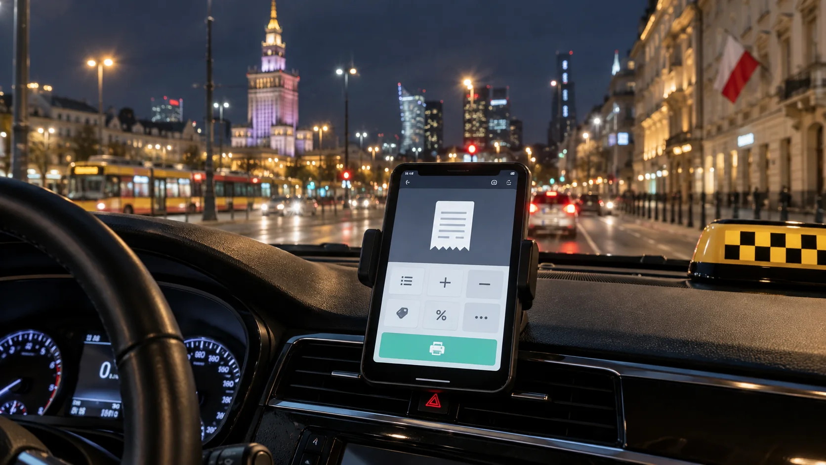 Poglądowy ekran kasy programowej na telefonie w samochodzie taxi