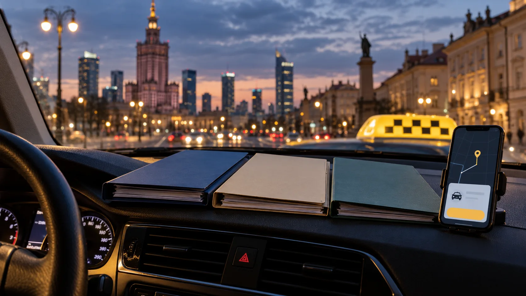 Trzy oddzielne teczki dokumentów i telefon z aplikacją w taxi